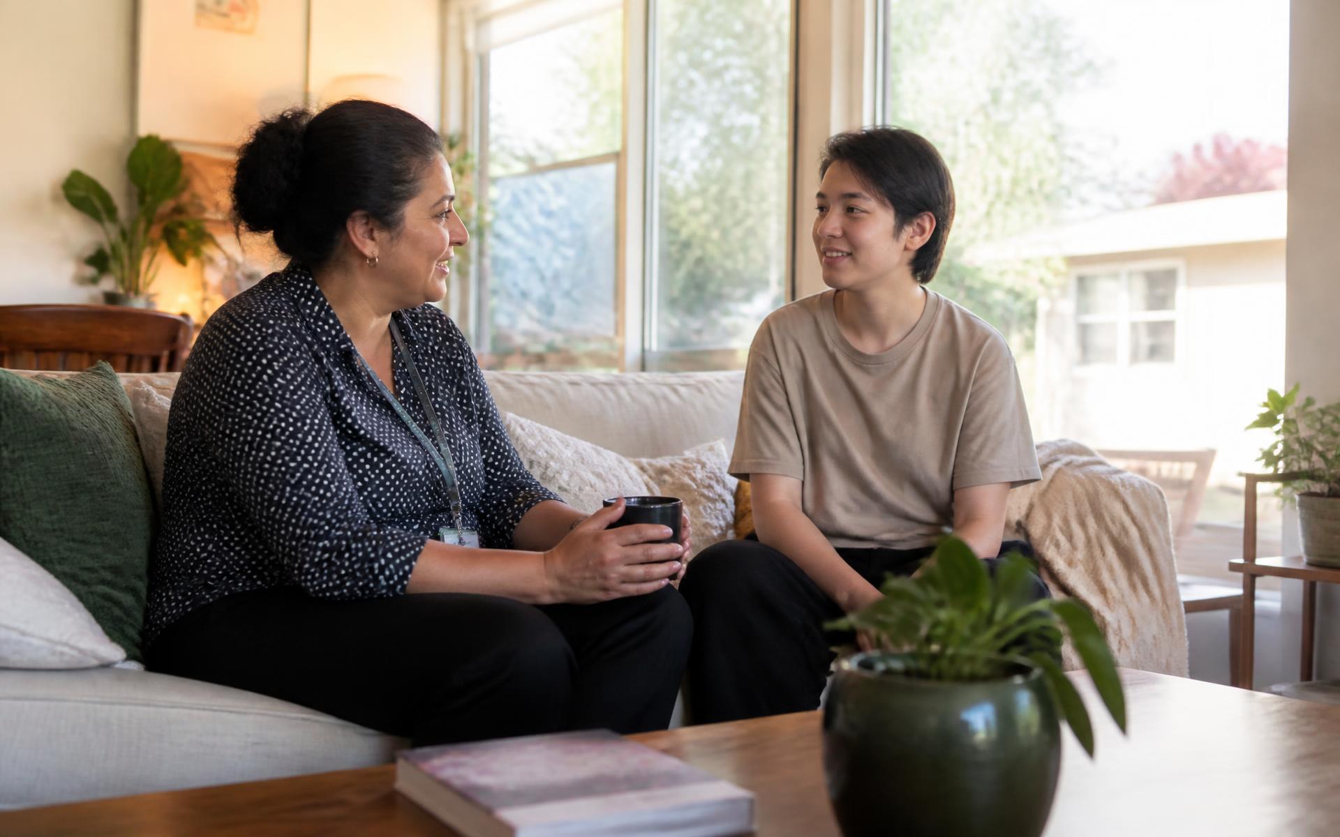 A support worker and a young person talking together in a bright, welcoming living room